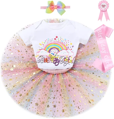 Vista 3 de IDOPIP Conjunto de 5 piezas de ropa para bebé con diseño de arco iris para 1er 2 3 cumpleaños para niña, Rosa - Arco iris