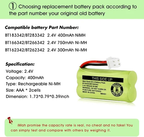 Vista 4 de iMah BT183342/BT283342 2.4V 400mAh Ni-MH - Batería compatible con baterías de teléfono inalámbrico AT&T VTech BT166342/BT266342 BT162342/BT262342