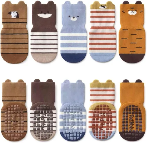 Vista 8 de 5 pares de calcetines antideslizantes de algodón para bebés y niños pequeños con diseño de animales
