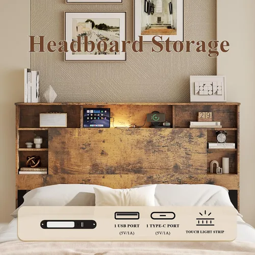 Vista 4 de Base de cama con cabecera de almacenamiento, plataforma de madera con estantes, carga USB y tipo C y luces LED, no necesita somier, sin ruido, fácil