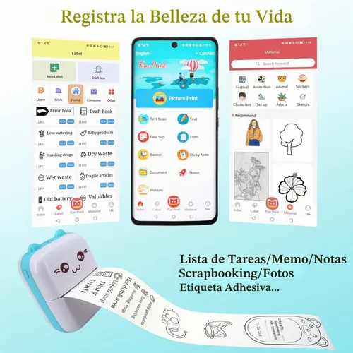 Vista 2 de Mini Impresora de Bolsillo, Impresora Térmica Portátil con 8 Rollos de Papel de Impresión, Impresora Inalámbrica Bluetooth Pequeña para Azul