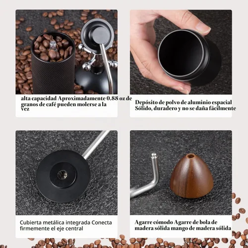 Vista 3 de Molinillo de café manual con capacidad de 0.88 oz, rebabas de acero inoxidable, mango de madera, molinillo de café para rebabas para el hogar Negro