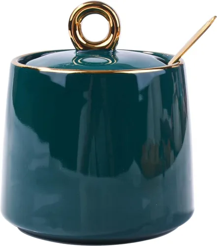 Vista 9 de Azucarero de cerámica con tapa y cuchara, 8.5 fl oz en forma de Golf Verde Oscuro