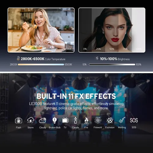 Vista 5 de Godox Litemons LE300Bi - Luz de video LED bicolor de 300 W, 58900Lux@1M CRI98+ Studio Bright con control de aplicación, 11 efectos FX, 0-100%