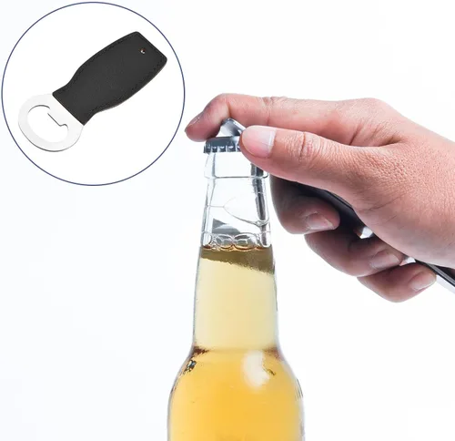 Vista 5 de uxcell Abrebotellas, 1 abridor de botellas de cerveza de acero inoxidable de 4 pulgadas con mango de cuero, abridor de cerveza plano para barman
