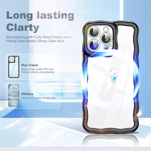 Vista 3 de SKYLMW Funda compatible con iPhone 12 Pro, diseño de ondas rizadas kawaii, borde chapado de lujo, elegante parte trasera transparente brillante, TPU