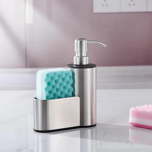 Vista 4 de Dispensador de jabón de cocina con soporte para esponja, dispensador de jabón para platos de 12 onzas para encimera de fregadero de cocina, bomba