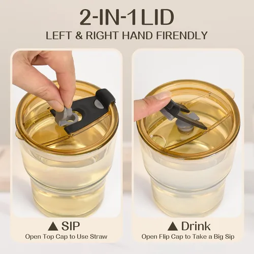 Vista 4 de Vaso reutilizable de 13 onzas para café helado con tapas, vaso transparente para agua, paquete de 2 vasos de vidrio con popote y tapa, vaso