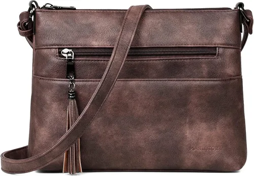 Vista 8 de MASINTOR Bolsos cruzados para mujer, bolso cruzado ligero y mediano, de cuero suave, bolsos de hombro para mujer con borla, café (Vintage Coffee)