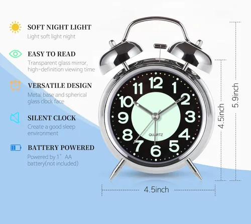 Vista 6 de Reloj despertador súper fuerte para personas que duermen pesadas, reloj despertador de campana doble de 4 pulgadas con luz de fondo, funciona