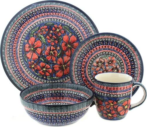 Vista 6 de Cerámica polaca de rosas azules, juego de vajilla de 16 piezas con diseño de mariposa floral roja, 4 lugares, ideal para cenas diarias, comidas