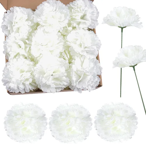 Vista 13 de Paquete de 50 palillos de clavel de seda artificial, cabezas de clavel de flores artificiales con tallos para bricolaje, ramos de boda, centros