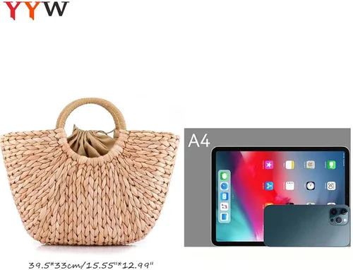 Vista 6 de Bolsa de ratán de verano para mujer, de paja tejida a mano, con asa superior, para playa, mar, paja de ratán