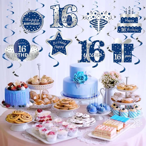 Vista 4 de Decoraciones colgantes de 16 cumpleaños azul y plateado para niños, 16 piezas de feliz cumpleaños de 16 años, suministros de fiesta de remolinos