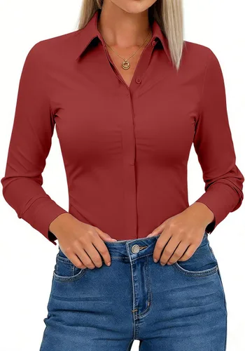 Vista 7 de Aoudery Button Down Shirts for Women Slim Fit Long Sleeve Stretch Dress Shirts Work Shirt Wrinkle Free