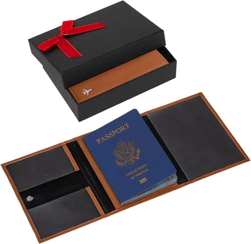 Vista 8 de Billetera de piloto para pasaporte para viajes, bloqueo RFID, soporte de documentos de viaje de cuero genuino con caja de regalo, cartera
