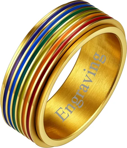 Vista 41 de FaithHeart Anillos para ansiedad LGBT Pride Rainbow, acero inoxidable/chapado en oro de 18 quilates, joyería de amor es amor para hombres y mujeres