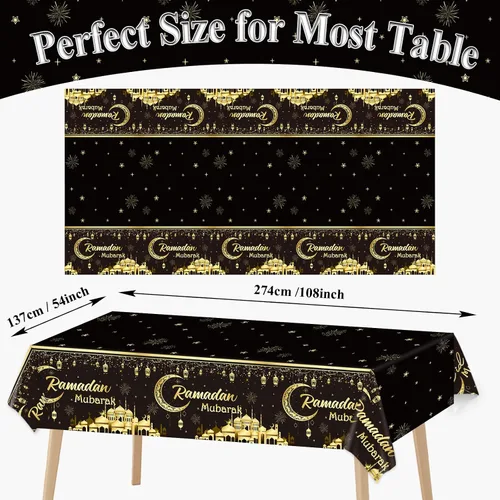 Vista 2 de 1 Manteles Ramadán Mubarak Eid Mubarak Decoraciones de Mesa Ramadán Kareem Suministros de Fiesta Negro y Dorado Cubierta de Mesa Rectangular