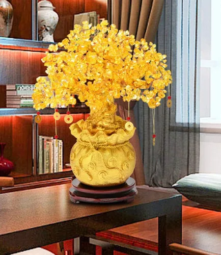 Vista 4 de Figuras, estatuas/adornos de Feng Shui, árbol de dinero de cristal geloso, árbol de dinero de cuarzo con piedras preciosas para decoración del hogar