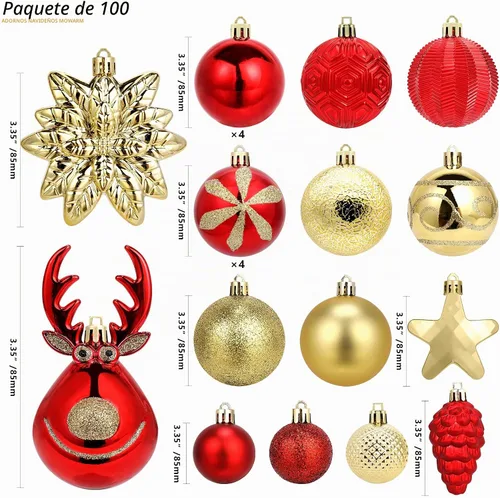 Vista 2 de Paquete de 100 bolas de Navidad inastillables, adornos decorativos de Navidad para árbol de Navidad, rojo y dorado