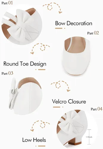 Vista 5 de Coutgo Zapatos de vestir Mary Jane para niñas, zapatos planos de tacón bajo con lazo y velcro para fiestas y escuelas para niños pequeños y grandes