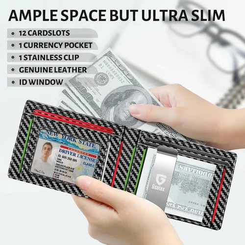 Vista 2 de GSOIAX Cartera delgada de cuero plegable RFID para hombre, billetera minimalista con bolsillo frontal con clip para dinero, 12 ranuras para Negro