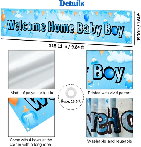 Vista 2 de Labakita Cartel de bienvenida a casa para bebé niño, pancarta grande para baby shower, decoración azul para baby shower, revelación de género