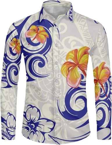 Vista 2 de Camisa polinesia con botones para hombre, Aloha Samoan, patrón tradicional, manga larga, camisa hawaiana para hombre, talla grande, casual