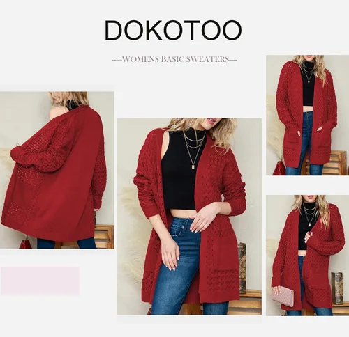 Vista 5 de Dokotoo Cárdigan de punto trenzado grueso de manga larga con frente abierto para mujer 2024, ropa de abrigo con bolsillos
