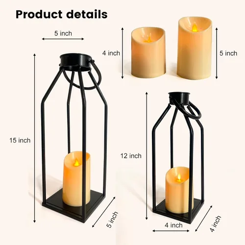 Vista 6 de Faroles de vela decorativos para interiores – Moderno farol de granja para decoración del hogar – 2 linternas de metal negro, velas parpadeantes