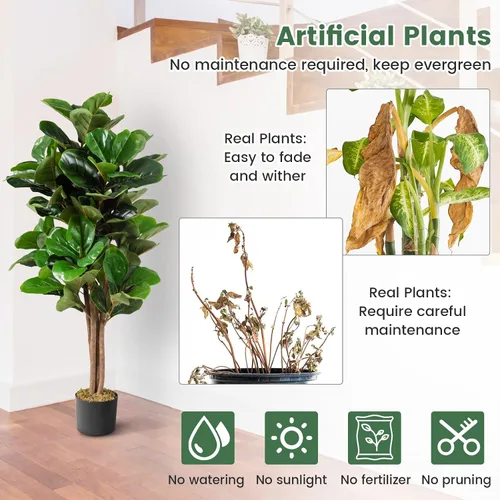 Vista 6 de Happygrill Árbol de vegetación artificial de 4 pies, plantas de higuera de hoja de violín falsa para interiores en maceta, árbol de ficus lyrata