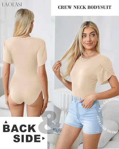 Vista 2 de LAOLASI Body de manga corta con pétalos para mujer, cuello redondo, ajustado, informal, elástico, para mujer