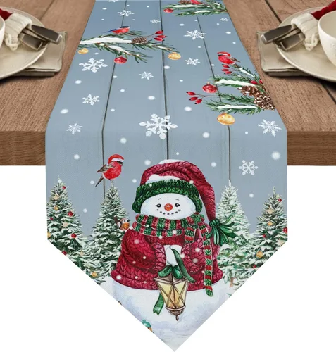 Vista 15 de Camino de mesa azul con alce navideño – 120 pulgadas de largo, copo de nieve de invierno, decoración de mesa de comedor para cocina, granja, Alce