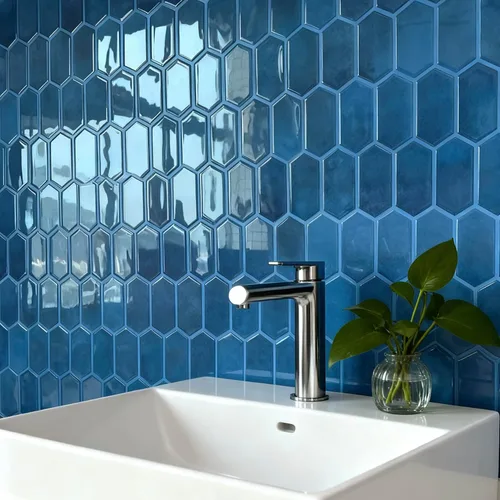 Vista 6 de Azulejos de despegar y pegar para cocina, diseño más grueso 3D autoadhesivo hexagonal largo para pared, azulejos para salpicadero, azul 10 hojas