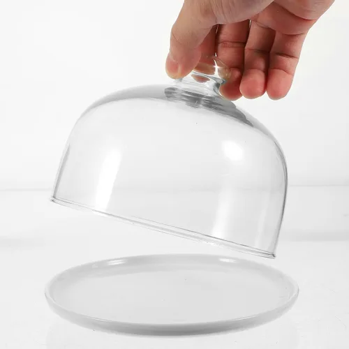 Vista 8 de Zerodeko Cúpula de cristal transparente de 6 pulgadas con bandeja de base de cerámica, mango de campana de cloche, vitrinas, vitrinas, centro