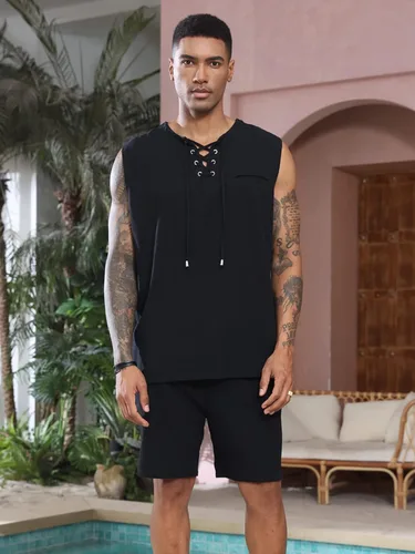 Vista 2 de Lexiart Conjunto casual de lino de 2 piezas para hombre, camisa sin mangas, pantalones cortos de algodón con bolsillo