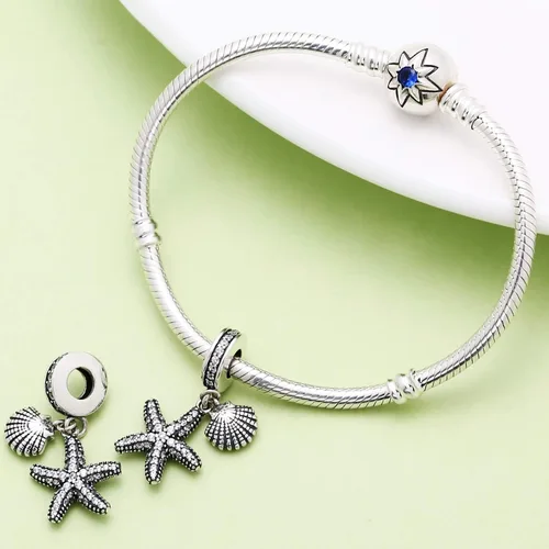 Vista 4 de Abalorios de estrella de mar de mar de plata de ley 925 colgantes espaciadores con piedra CZ para pulseras Pandora
