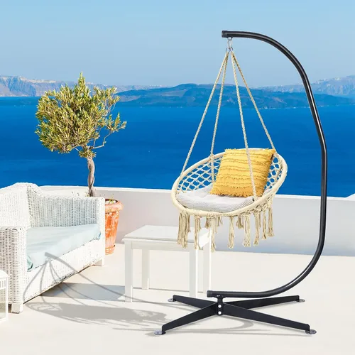 Vista 7 de Giantex Hamaca Swing Silla con soporte, cuerda de algodón tejida a mano con soporte de acero sólido resistente C, hamaca colgante al aire libre