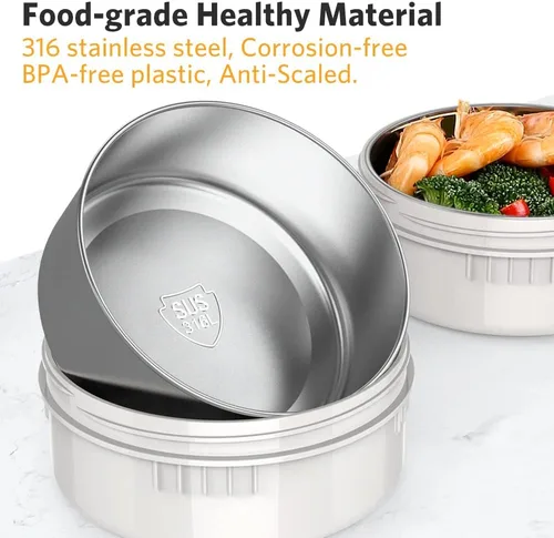 Vista 2 de Tarro de comida aislado de 64 onzas, lonchera térmica apilable de 3 niveles, mantiene la comida caliente 6 horas, a prueba de fugas, sin BPA