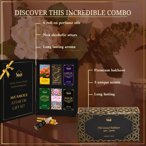 Vista 2 de Dukhni Maamoul Bakhoor Variedad Box & Attar Oil Set Auténtico Incienso árabe y aceites de fragancia 20 piezas bakhoor y 6 attares Lujosos aromas