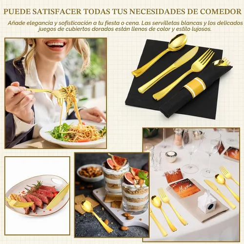 Vista 7 de Zubebe Paquete de 100 Juego de Cubiertos de Plástico Desechables Pre-envueltos con Servilleta, Juego de Utensilios Desechables Incluye Tenedores