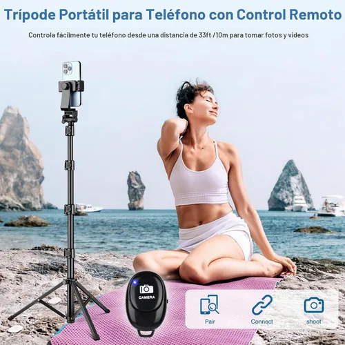 Vista 5 de Trípode de teléfono de 70 pulgadas con control remoto y soporte, soporte portátil para teléfono celular, palo selfie para grabación de video