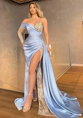 Vista 3 de Vestidos de fiesta de sirena con abertura, largos 2023, de un hombro, de satén, lentejuelas, vestidos de noche formales con mangas