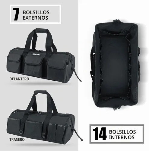 Vista 5 de HAUTMEC HT0184 - Bolsa de herramientas resistente de 24 pulgadas, bolsa de boca ancha de 21 bolsillos con marco de metal, base dura impermeable