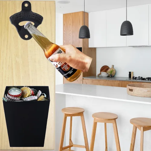 Vista 4 de Abridor de botellas de cerveza de hierro fundido negro montado en la pared con colector de tapas (paquete de 2) Powder Coated, Soda Opener with