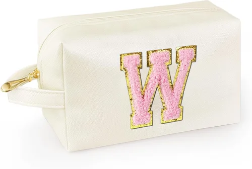 Vista 48 de Bolsa de maquillaje personalizada con inicial con asa, bolsa de cosméticos de preparación con bolsillo interior con cremallera, 8, 9, 10, 11, 12 Rosa