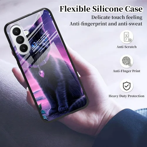 Vista 5 de for Samsung Galaxy A17 5G Phone Case 6.7" with Screen Protector Slim Tempered Glass Back Cover A Purple Cat Design Shockproof Protective Case for