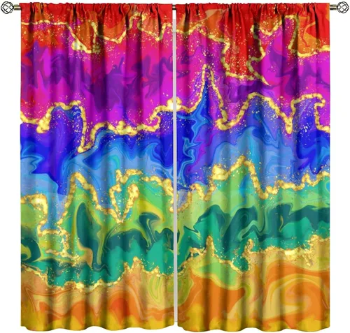 Vista 32 de Cortinas opacas abstractas de arco iris, pintura de color arcoíris con gotas, diseño gráfico creativo con bolsillo para barra, para sala de estar