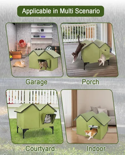 Vista 7 de Casa para gatos al aire libre, casa grande para gatos al aire libre, resistente a la intemperie con base elevada, refugio para gatos al aire libre