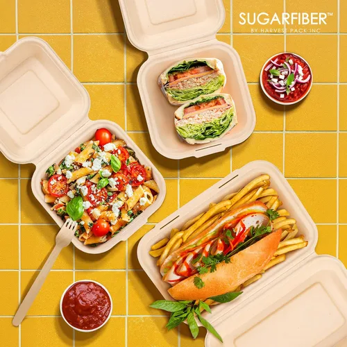 Vista 6 de Harvest Pack - Contenedores compostables de 6 x 6 pulgadas (paquete de 50), caja Bento de 4 pulgadas sin PFAS con certificación BPI para tartas